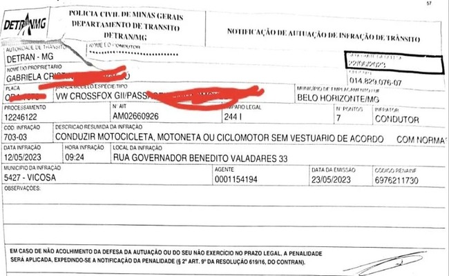 Motorista que estava em BH foi multada por suposta infração cometida em Viçosa (MG)