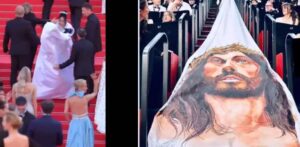 Atriz tenta exibir rosto de Jesus no tapete vermelho e é retirada pela seguranças
