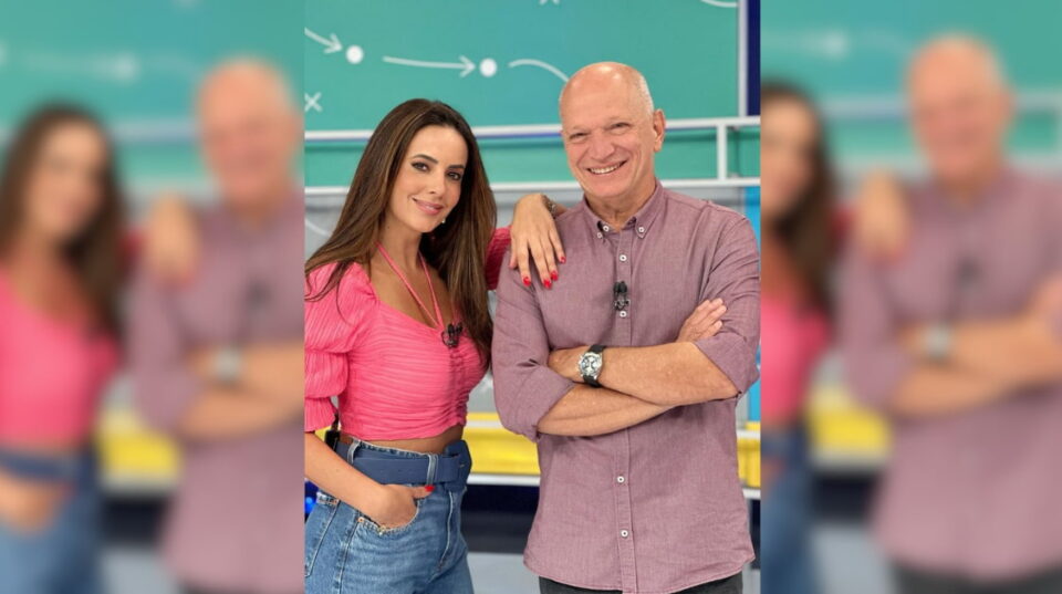 Os jornalistas Paloma Tocci e Elia Junior posam para foto