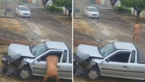 Homem pelado rouba carro e bate contra um muro