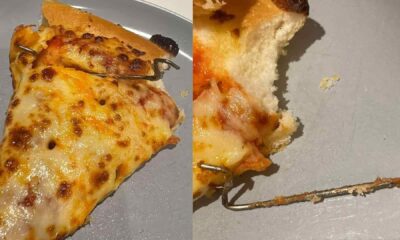 Dois pedaços de pizza de marguerita com um objeto metálico (Reprodução/X)