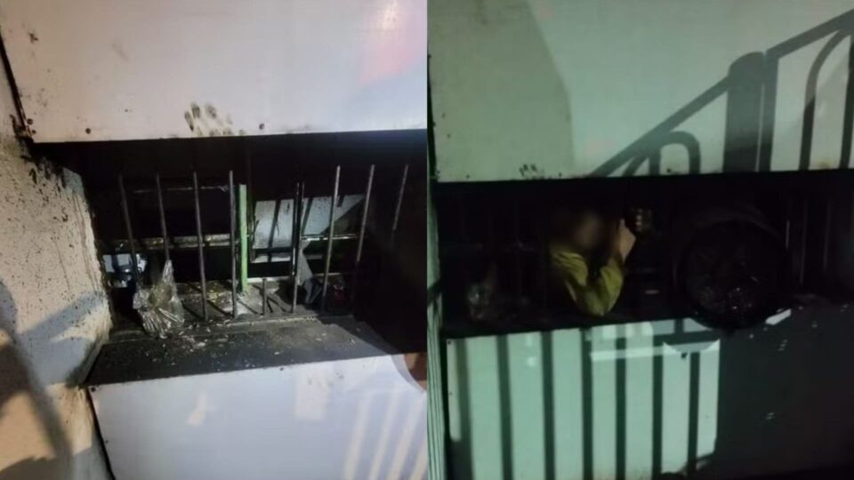 O incidente ocorreu quando o suspeito tentava escapar do local após arrombar a porta frontal da pizzaria, que fica em Juiz de Fora. (Corpo de Bombeiros/Divulgação)