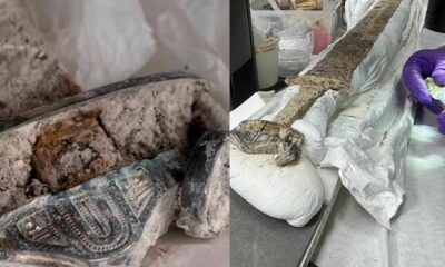 Espada anglo-saxônica de 1.500 anos, encontrada em meio a um cemitério medieval nas proximidades de Canterbury (BBC/Reprodução)