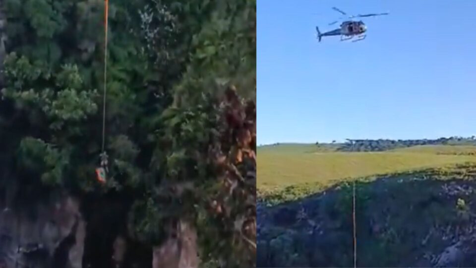 A operação de resgate, realizada no último sábado, utilizou o helicóptero Águia da Polícia Militar e a ajuda de bombeiros para o salvamento (Reprodução/X)