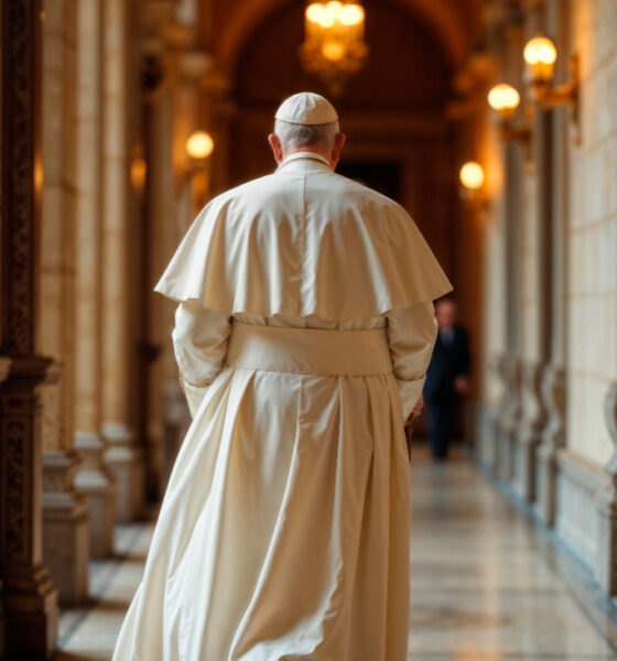 Papa Francisco caminha sozinho por um corredor ornamentado do Vaticano, vestindo batina branca tradicional e solidéu, com iluminação suave destacando os detalhes arquitetônicos ao fundo.