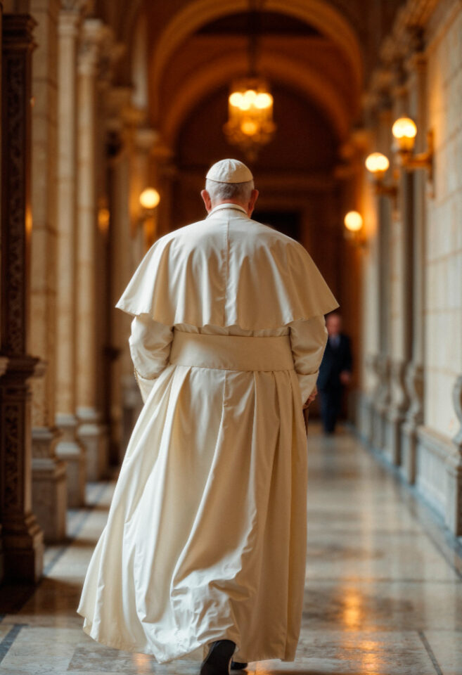 Papa Francisco caminha sozinho por um corredor ornamentado do Vaticano, vestindo batina branca tradicional e solidéu, com iluminação suave destacando os detalhes arquitetônicos ao fundo.