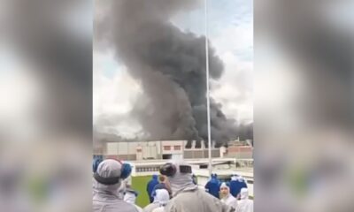 Imagem mostra incêndio em fábrica de alimentos em Uberlândia na manhã desta terça-feira (29).
