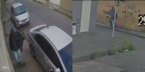 Dois frames de câmeras de segurança mostram um homem andando em uma calçada; em um dos registros, ele carrega uma sacola e a deixa próxima a um muro em uma rua do bairro Minaslândia, em Belo Horizonte.