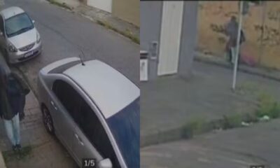 Dois frames de câmeras de segurança mostram um homem andando em uma calçada; em um dos registros, ele carrega uma sacola e a deixa próxima a um muro em uma rua do bairro Minaslândia, em Belo Horizonte.