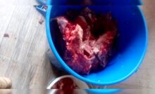 Carne bovina sendo armazenada em um balde de plástico