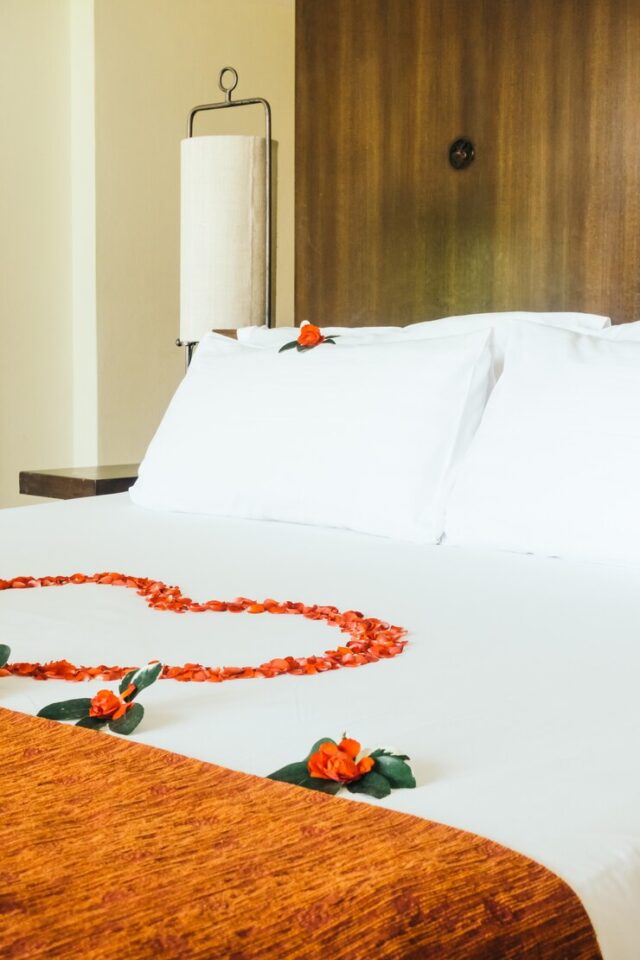 Cama de motel com pétalas de rosa em formato de coração