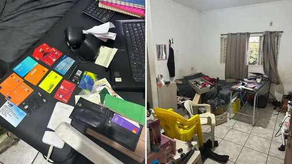 Montagem com cartões de crédito sobre mesa e lugar onde casal foi preso