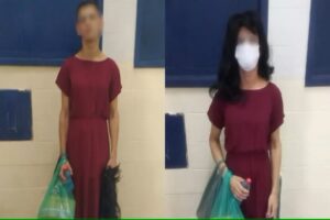 Montagem com duas fotos de um detento: à esquerda, ele aparece sem disfarce, usando um vestido vinho; à direita, está com peruca, máscara e o mesmo vestido, tentando se passar por uma mulher