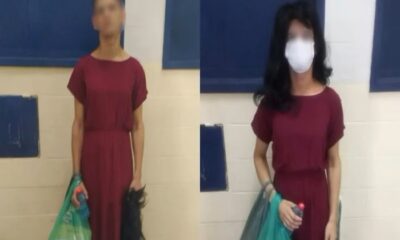 Montagem com duas fotos de um detento: à esquerda, ele aparece sem disfarce, usando um vestido vinho; à direita, está com peruca, máscara e o mesmo vestido, tentando se passar por uma mulher