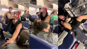 Montagem mostra mulher atacando a outra em avião