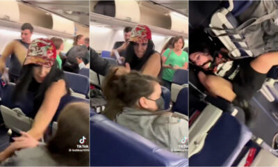 Montagem mostra mulher atacando a outra em avião