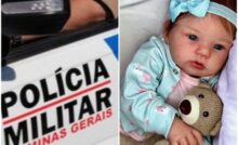 Montagem de carro da Polícia Militar (PMMG) e bebê reborn