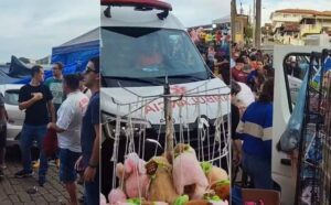 Montagem de 3 fotos com momentos após acidente