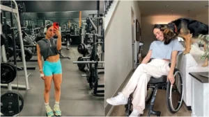 Montagem com duas fotos da influenciadora Maria Palen: à esquerda, ela aparece na academia vestindo roupas de treino; à direita, está sentada em uma cadeira de rodas, sorrindo ao lado de seu cachorro em casa