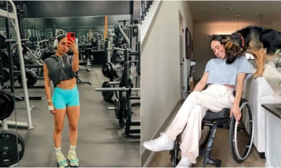 Montagem com duas fotos da influenciadora Maria Palen: à esquerda, ela aparece na academia vestindo roupas de treino; à direita, está sentada em uma cadeira de rodas, sorrindo ao lado de seu cachorro em casa
