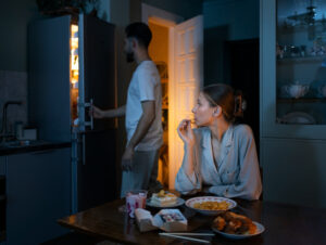 Mulher sentada à mesa comendo enquanto homem abre a geladeira em um ambiente de cozinha com pouca luz; há pratos com lanches e sobremesas sobre a mesa.
