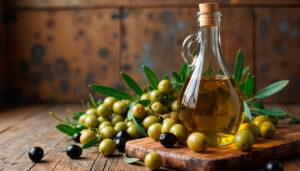 Garrafa de vidro com azeite extravirgem ao lado de ramos de oliveira e azeitonas verdes e pretas sobre uma tábua de madeira.