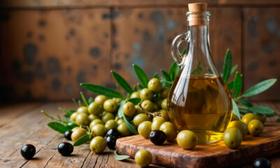 Garrafa de vidro com azeite extravirgem ao lado de ramos de oliveira e azeitonas verdes e pretas sobre uma tábua de madeira.