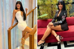 Montagem com duas fotos de Theila Sabrina; à esquerda, ela posa de vestido branco em uma escada; à direita, sentada em sofá vermelho usando blazer preto.