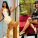 Montagem com duas fotos de Theila Sabrina; à esquerda, ela posa de vestido branco em uma escada; à direita, sentada em sofá vermelho usando blazer preto.