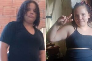 Duas fotos da adolescente Yara Melo Delfino, de 12 anos, usando roupas escuras, uma com cabelo solto e outra com tranças, fazendo sinal de paz com a mão.