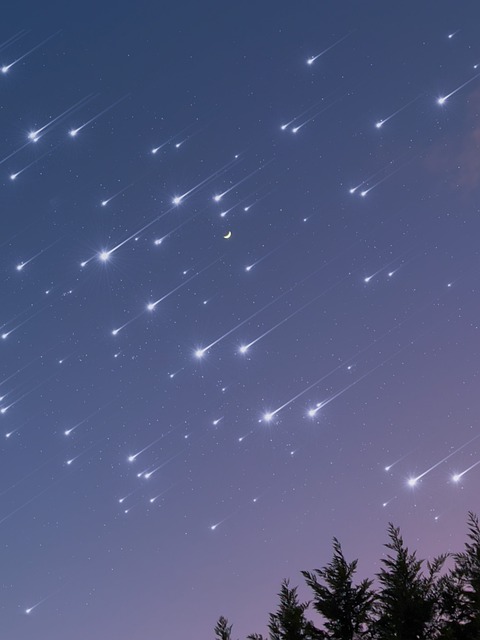Imagem noturna de uma chuva de meteoros com dezenas de rastros brilhantes no céu, a Lua crescente ao centro e silhuetas de árvores na parte inferior.