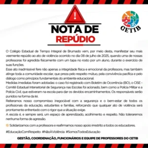 Comunicado oficial do Colégio Estadual de Brumado condena agressão de aluno a professora e reforça compromisso com segurança e respeito no ambiente escolar.