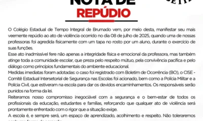 Comunicado oficial do Colégio Estadual de Brumado condena agressão de aluno a professora e reforça compromisso com segurança e respeito no ambiente escolar.
