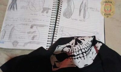 Caderno e camiseta com conteúdos violentos