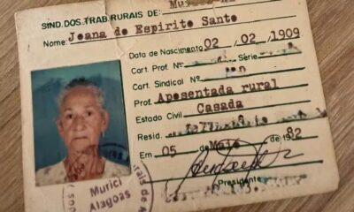 Nascimento de dona Joana do Espírito Santo aconteceu em fevereiro de 1909, indica documento do Sindicato dos Trabalhadores Rurais | Reprodução / TV Gazeta