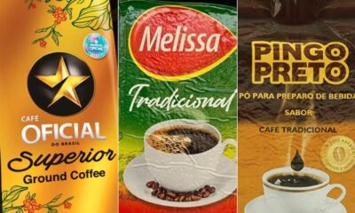 Imagem mostra embalagens de três cafés.