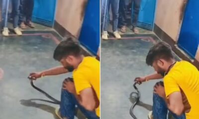 Homem indiano com blusa amarela e calça jeans agachado e segurando com as mãos uma cobra.