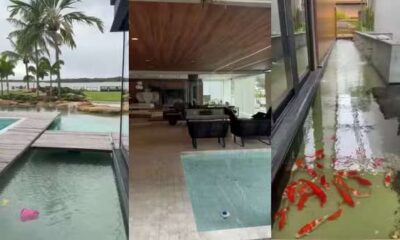 montagem de fotos da casa mostrando lago e piscina