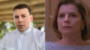 Imagem mostra Padre Cleber Pagliochi e a personagem Odete Roitman.