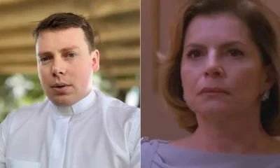 Imagem mostra Padre Cleber Pagliochi e a personagem Odete Roitman.