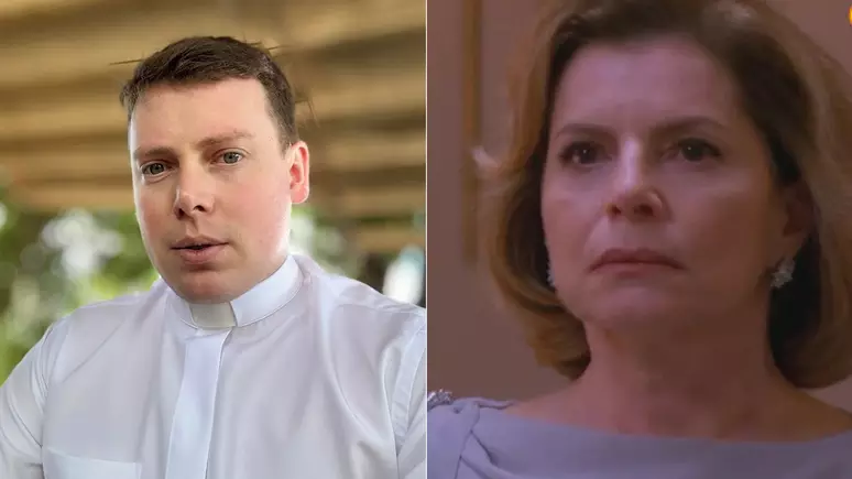 Imagem mostra Padre Cleber Pagliochi e a personagem Odete Roitman.