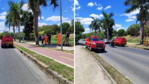 Imagem mostra Corpo de Bombeiros Militar de Minas Gerais em frente a Lagoa da Pampulha.