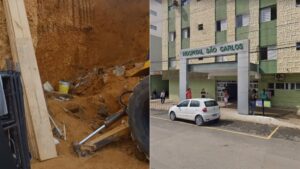 Imagem do local do desabamento e do hospital que recebeu os feridos.