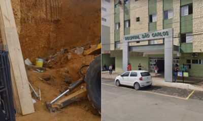 Imagem do local do desabamento e do hospital que recebeu os feridos.