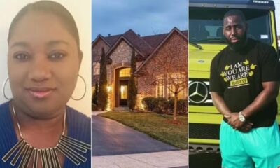 Imagem mostra mansão, uma mulher e um homem.