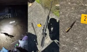 Cena de investigação com um buraco em porão, uma espingarda e uma faca marcadas como provas pela perícia.