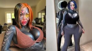 Mulher mostra foto antes de investir R$ 2,6 milhões em plásticas e tatuagens