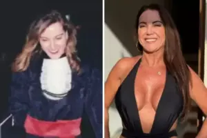 Mulher morena usando beca de formatura e ao lado, a mesma pessoa, anos depois usando maiô.