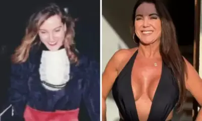 Mulher morena usando beca de formatura e ao lado, a mesma pessoa, anos depois usando maiô.