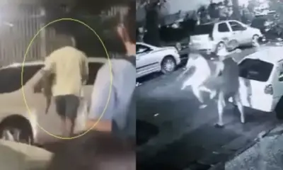 Imagens d câmera de segurança mostra momento em que PM atira em homem.